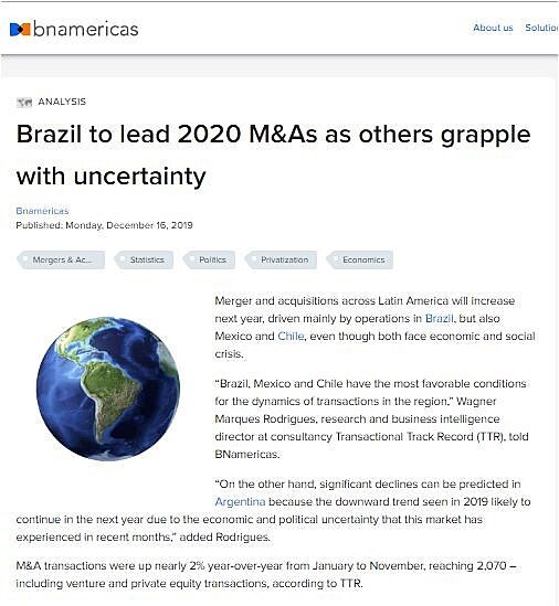 Brazil to lead 2020 M&As as others grapple with uncertainty
